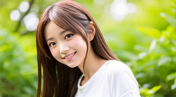 Asian woman in alafe with long brown hair and white shirt, a picture by Torii Kiyomoto, shutterstock, shin hanga, Soft smile, the face of a beautiful Japanese girl, girl cute-fine-face, Innocent smile, warm and gentle smile, cute - fine - face, beautiful p...