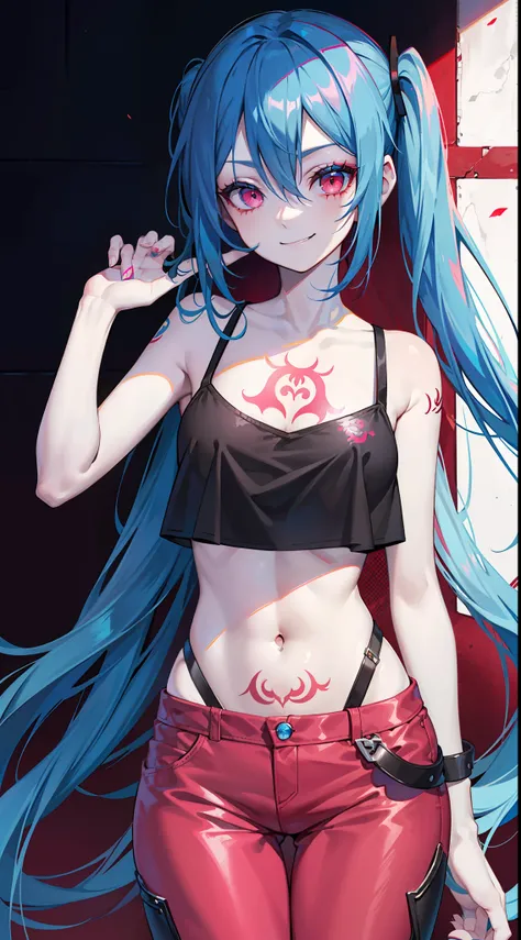 young girl, long blue hair, Two long pigtails, red eyes, smirk, tattoo, Black Top, open belly, flat chest, pink pants, Jinx(League of Legends), Masterpiece, hiquality, 4k, HD, Good detail