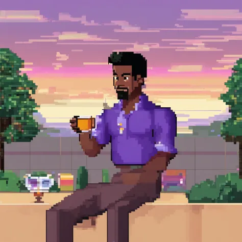 masterpiece, best quality, movie still, 1men, light brown skin, black eyes, muscular body, short black hair, purple polo, black full pant, holding a cup of coffee, floating in the sky, close-up, bright, happy, bright morning, beautiful sunrise, (sparks:0.7...