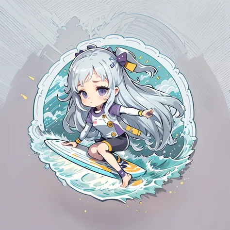 Sticker, Anime girl on surfboard riding the waves in the sea, long layered silvery white hair,Light purple eyes，Pout，cute clothing，in circle, White background, Gold border，Simple, Ultra detailed, Detailed drawing, vectorised, Silhouette, 8K, professional s...