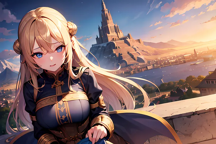 1girl, long blond hair, blue eyes, dragon flying, flying city, mountain, absurdres, high res, ultrasharp, 8K, masterpiece, looking at viewer