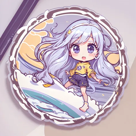 Sticker,Anime girl surfing in the sea on surfboard, long layered silvery white hair,Light purple eyes，joyful expressions，cute clothing，in circle, White background, Gold border，Simple, Ultra detailed, Detailed drawing, vectorised, Silhouette, 8K, profession...