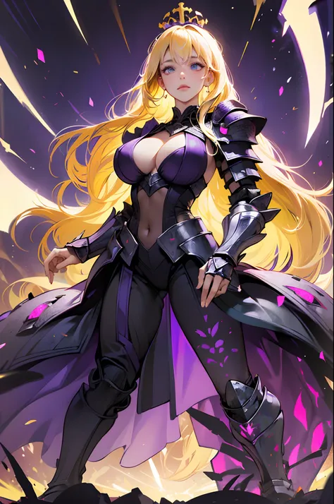 (Full body image:1.3), defeated holy paladin kneeling in a blasted evil hellscape struggling against a dark corruption, (wearing shattered holy armor:1.3), (holy crown), (fine blonde hair), (looking down at her own boobs), holding her own boobs, (oversized...