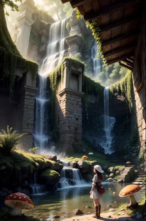 "Mysterious ruins, closeup girls adventure, waterfalls secret, glowing mushrooms, enchanting mystique, rule of thirds composition"