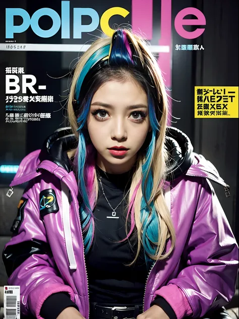 pop magazine covers,cyberpunk punk girl,Rainbow Color