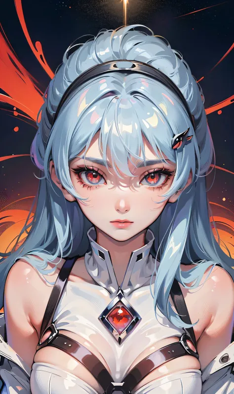 ((masterpiece, best quality, high resolution, supreme, solo, very detailed wallpaper, (26-year-old European royal sister: 1.4), Rei Ayanami (Evangelion), red eyes, glowing eyes, sparkling eyes, glint, eye reflection, pretty eyes, eye reflex, shyness, big n...