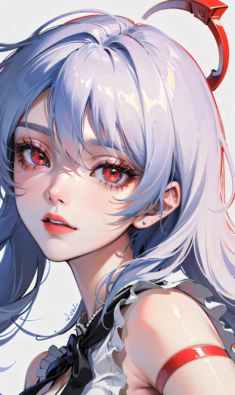 ((masterpiece, best quality, high resolution, extreme quality, solo, very detailed wallpaper, (18 year old girl: 1.4), Rei Ayanami, red eyes, detailed eyes, beautiful eyes, eye reflex, shyness, big nose, lipstick, {portrait closeup}, pale skin, extremely m...