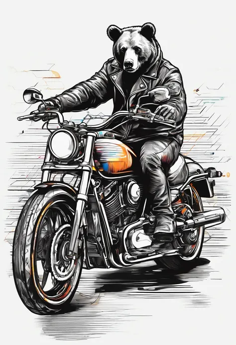 bear, leather jacket, He sits on a black Harley Davidson motorcycle, (Vivid colors: 1.5)