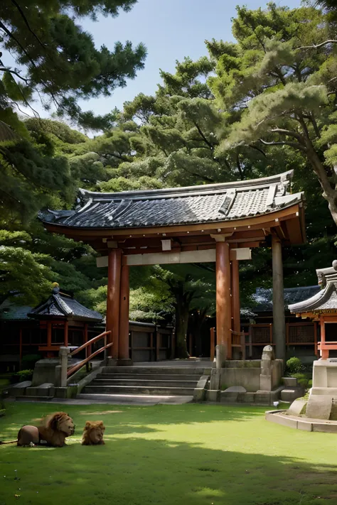 Draw a traditional Japanese shrine landscape. A vibrant red torii gate stands in the center, surrounded by lush green trees and komainu (lion-dog) statues. Under the blue sky, many people visit for worship, and in the background, the main hall of the shrin...