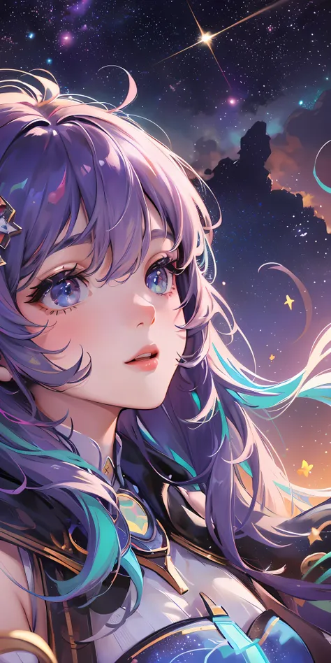 High detail, super detail, super high resolution, girl enjoying her time in the dream galaxy, surrounded by stars, warm light sprinkled on her, background is starry sky with colorful galaxies and galaxy clouds, stars flying around her, delicate face, addin...