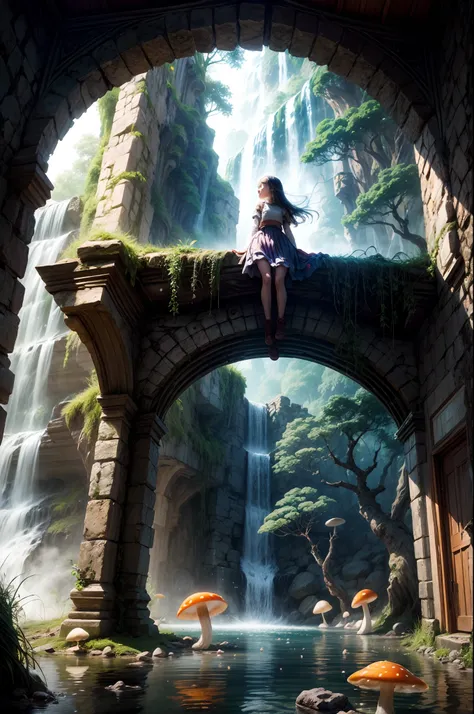 "Mysterious ruins, girls adventure, waterfalls secret, glowing mushrooms, enchanting mystique, rule of thirds composition"