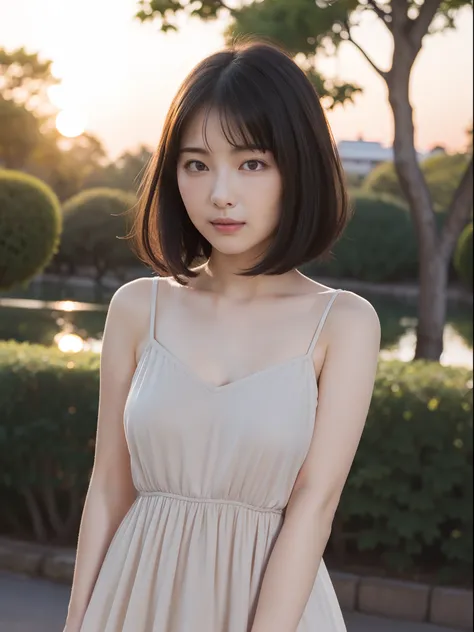 1young girls, Extremely beautiful, (Extremely cute), (extremely detailed beautiful face), Amazing face and eyes, rather dense hair、bob cuts、slightly brighter eyes、no-makeup、(Mini dress with camisole)、(Best Quality:1.4), (Ultra-detailed), extremely detailed...