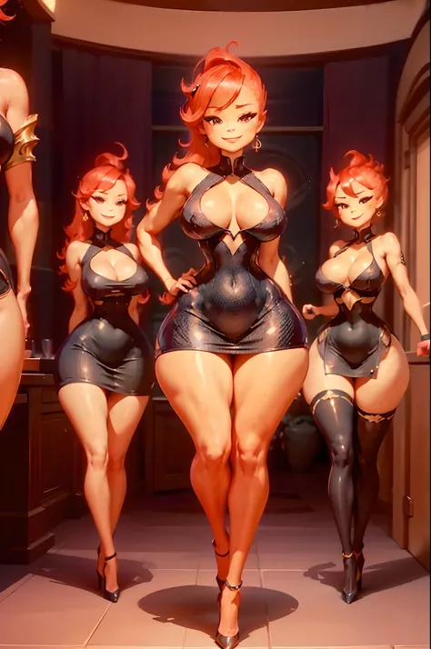 ((Detailed, 8k, masterpiece, high definition)) Ember, wide hips, big ass, big breasts, sexy seductive posture, dynamic pose, bedroom, ((Detailed, 8k, masterpiece, high definition)) sexy seductive tight cut out dress, sexy seductive smile on face, ((full bo...