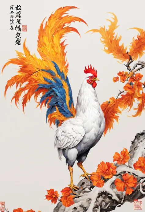 Colorful childish chicken，plane trees，Surrounded by flames，[(White background:1.5)::5]，中景 the scene is，full bodyesbian，China-style，florals，stone fragment，Beautiful and delicate Chinese phoenix，（Fine strokes：1.1）, Dynamic depiction, Vivid authenticity, mesm...