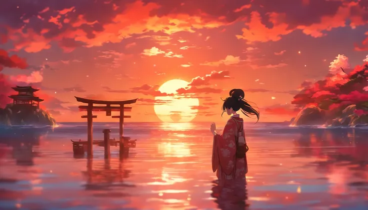 1girl, straight black hair, kimono outfit, kitsune mask, ocean reflection, pink clouds, sunset, small shrine, bright colors, landscape, scenic, anime, best quality, high resolution, realistic