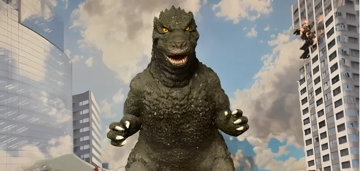 Theres a Godzilla figure thats standing in front of a building, Retrato do personagem de Godzilla, Godzilla, Retrato de Godzilla, Trex de Godzilla (2014), inspirado em Noriyoshi Ohrai, terno de borracha verde godzilla, Obra-prima de Noriyoshi Ohrai, extrem...