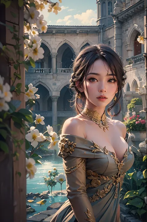 (masterpiece), (best quality), 8k resolution, 1girl, Asian girl, stunning beauty, perfect face, mature female, 20yo, sunny, cinematic, long dress, bare shoulder, fantasy, flowers, in the castle