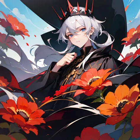 Silver-haired man beautiful boy wearing a jet black crown in black clothes with gold decoration、Her eyes are vermilion、Expressionless illustration buried in colorful beautiful flowers Anime watercolor oil painting The sky is blue sky