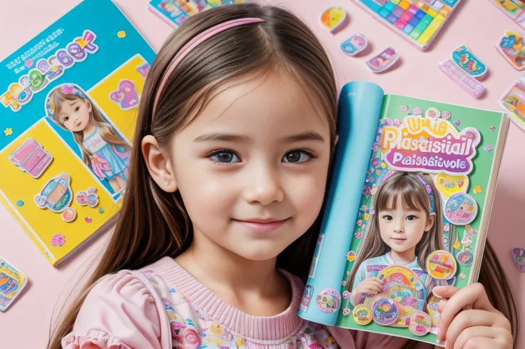 (best quality, 4k, 8k, high resolution, masterpiece: 1.2), ultra detailed, (realistic, photorealistic, photorealistic: 1.37)portrait of a girl with a sticker collection book, colorful illustrations, detailed stickers, vibrant colors, soft pastel tones, nat...