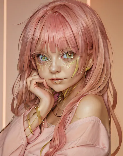 pink hair, golden eyes