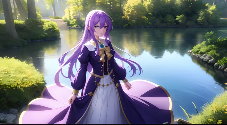 Athena with plain long light purple hair,hair between eyes,green eyes,rosy cheeks,full lips,thin eyebrows,slender body,school dress and long skirt,praying beads on neck,cute anime girl,full body,vibrant lake in background,anime style,Lumen Reflections,Scre...