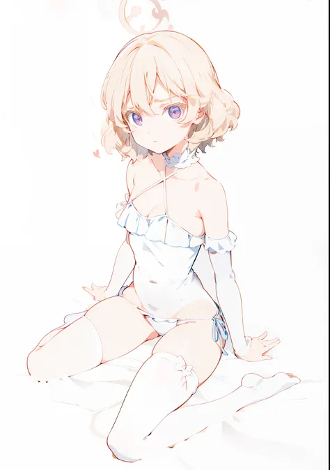 Anime - A girl sitting cross-legged on the ground， loli in dress， small curvaceous loli， Wearing a blue swimsuit， full body portrait of a short！，Blue-haired girl， Anime moe art style， Anime full body，， anime visual of a cute girl， （Anime girl），sandbeach，be...