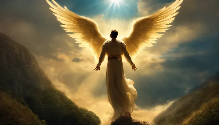 An angel was coming down from heaven with great power, And the earth shone with his glorious splendor. Fantasy Bright Field
The male angel exclaimed in a mighty voice. Speaking to millions of people,An angel looking ahead, floating in air,Hundreds of thous...