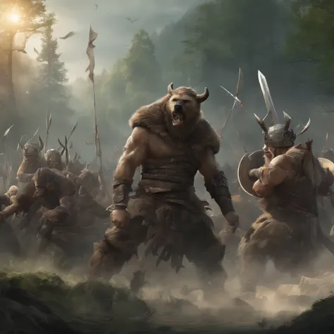 (best quality,4k,8k,highres,masterpiece:1.2),(ultra-detailed:1.1),(realistic,photorealistic,photo-realistic:1.37),viking warriors,fighting,bear,forest,exciting battle scene,dramatic lighting,ferocious bear,brave warriors,strong and muscular,sharp weapons,h...