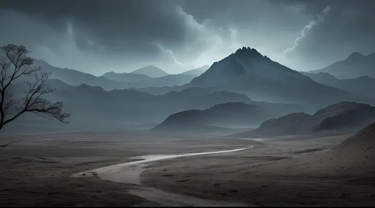 Create an image of the "Dark Abyss," the darkest place in the world. Visualize a horizon shrouded in dense black clouds, where occasional rays illuminate a desolate, gloomy landscape. As you get closer, you can see towering mountains covered in dead, gnarl...