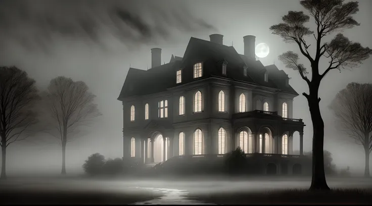 Old mansion, impressive, horror environment, night, fog rising from the ground, ((ultra realistic)), full moon, gloomy trees, impressionism