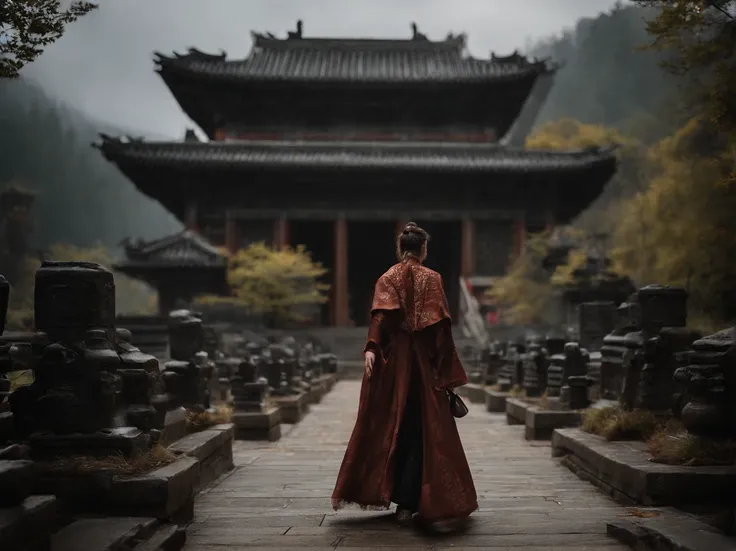 Girl wearing a Hanfu umbrella，Behind him is the temple，Walking alone in heavy rain，In the distance are mountains and waterfalls，tmasterpiece，Masterpiece，rich details​，Da Vinci color grading，4D movie textures