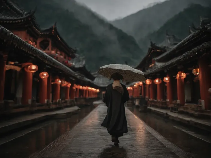 Girl wearing a Hanfu umbrella，Behind him is the temple，Walking alone in heavy rain，In the distance are mountains and waterfalls，tmasterpiece，Masterpiece，rich details​，Da Vinci color grading，4D movie textures