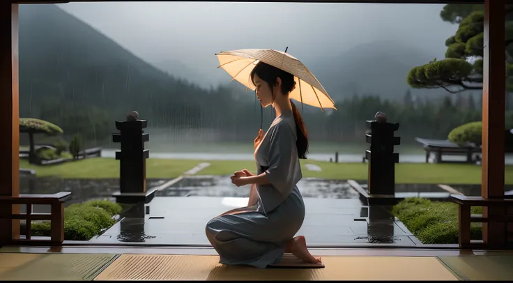 Landscape format, photorealistic, Rainy night in a serene ancient temple, beautiful Japanese woman meditating on left side of image, silhouette, side profile, kneeling posture, kneeling on a mat, wearing traditional Japanese rain hat, night-time, very dark...