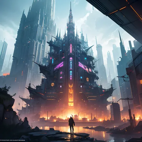 Fantasia,cyberpunked,A futuristic city in another world,high towers,The dragon,Leprechaun,Cyber Technology,Fantastical,Emitting light,core,Futuristic outfit,male child(white  hair、The brave、youth、Korea person),Fantasia,organism,Protecting the city,A glitte...