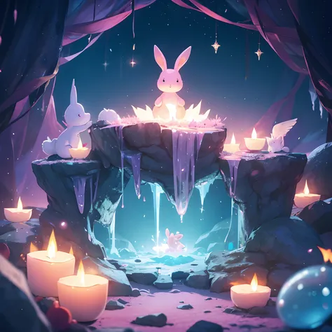 Jeweled cave with a small flame floating softly in a fairytale-like worldview A pink rabbit is next to a small angel waving。