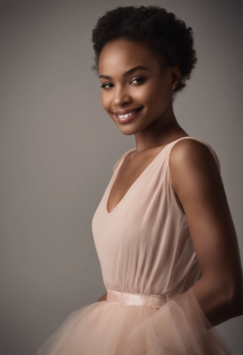 Fashion model photography, ballet dress, strong sense of design, medium shot, South African girl, short hair, hair accessories, delicate skin, smile, simple background, high texture, glare backlight, professional studio lighting