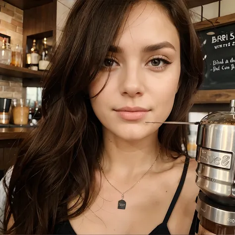 beautiful brunette drinking coffee at bar