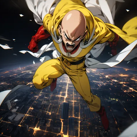 masterpiece, best quality, 1boy, (saitama), bald hair, black eyes, red gloves, yellow clothes, white cape, flying, angry face, a...