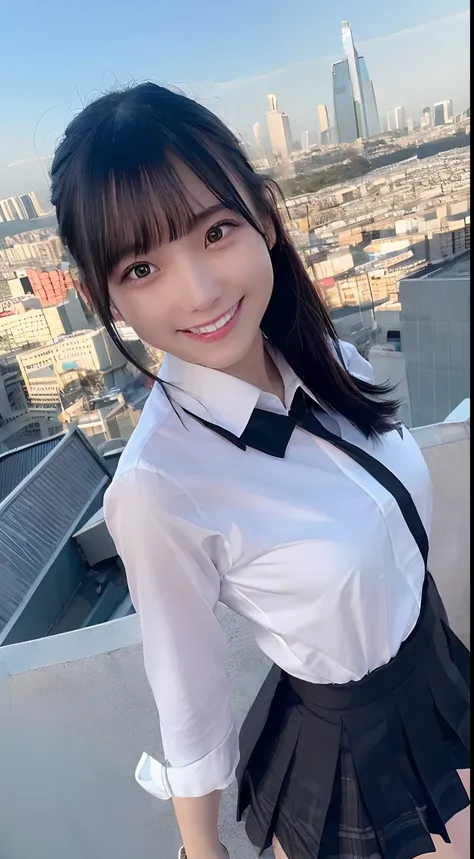 (smile:1.2), (best quality, ultra detailed, highres), cyberpunk city, daytime, (on top of the building)1.2, standing girl, school uniform, shiny skin, black hair, black eyes, fisheye lens, from above, gray tone,