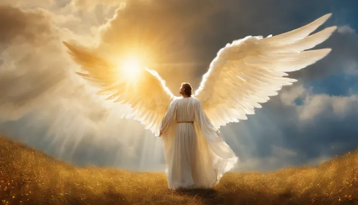 An angel was coming down from heaven with great power, And the earth shone with his glorious splendor. Fantasy Bright Field
The male angel exclaimed in a mighty voice. Speaking to millions of people,An angel looking ahead, floating in air,Hundreds of thous...