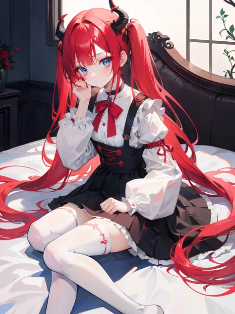 red hair,blue eyes,twintails, long hair, long sleeves, gothic, solo, loli,Short skirt, white stockings,{{best quality}}, {{masterpiece}}, {{ultra-detailed}}, {illustration}, {detailed light}, {an extremely delicate and beautiful},little girl,cute,dragon ho...