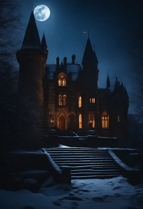 gothic castle balcony at midnight in the snow with moon rising overhead, beautiful, vampiric, eerie, mysterious, cinematic, 8k, footsteps in snow, dark, cinematic, scene from film, in the style of Dion Beebe