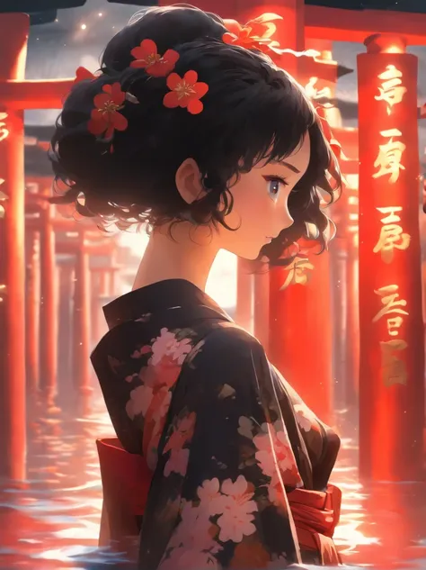 a girl, short black hair, black eyes, wearing black kimono, ocean reflection, torii gate absurdres, high res, ultrasharp, 8K, masterpiece, looking at viewer, photorealistic, cinematic lighting