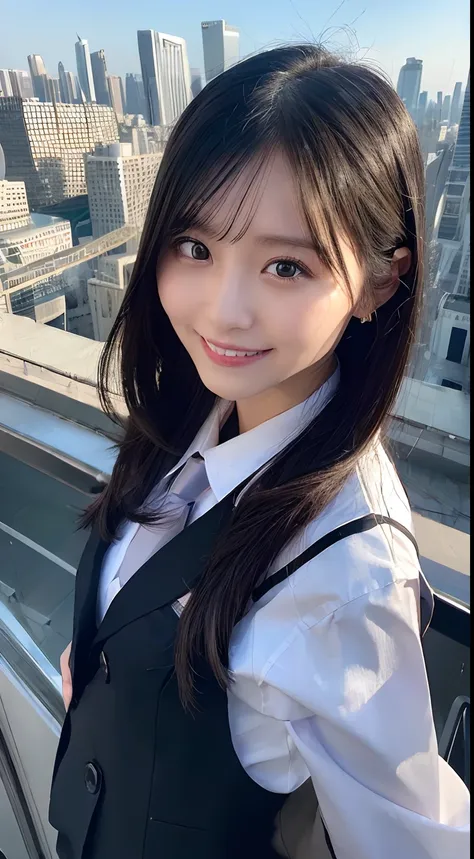 (smile:1.2), (best quality, ultra detailed, highres), cyberpunk city, daytime, (on top of the building)1.2, standing girl, school uniform, shiny skin, black hair, black eyes, fisheye lens, from above, gray tone,