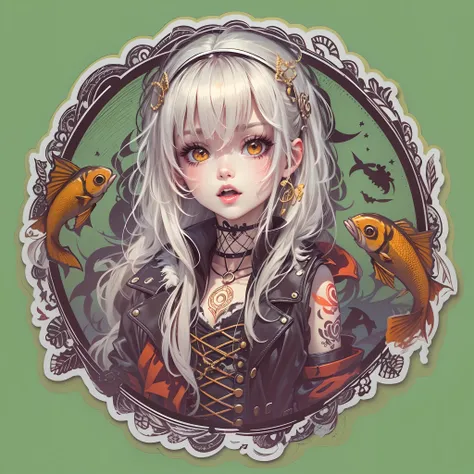 ((Sticker,))(Anime Gothic Girl)，Tattooed with，She wears a stud PVC corset，red colour，There are feathers on the shoulders, wind coat，kneehigh boots，fish net leggings，joyful expressions，cute clothing，((in circle)), ((White background)), ((Gold border))，Simpl...