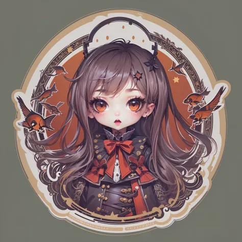 ((Sticker,))(Anime Gothic Girl)，Tattooed with，She wears a stud PVC corset，red colour，There are feathers on the shoulders, wind coat，kneehigh boots，fish net leggings，joyful expressions，cute clothing，((in circle)), ((White background)), ((Gold border))，Simpl...