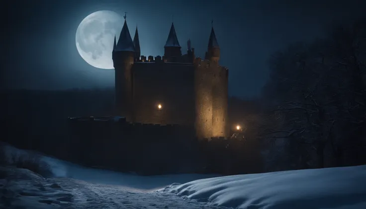 medieval castle balcony, snow, midnight, moon rising, gothic, vampiric, cinematic, 8k, scene from film