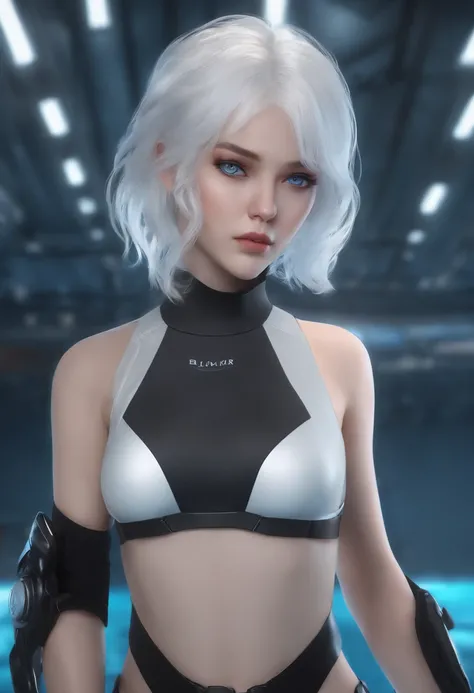 1girl, techwear swimsuit, blue eyes, white hair, ultrasharp, short hair, 8k, looking at viewer, mean stare