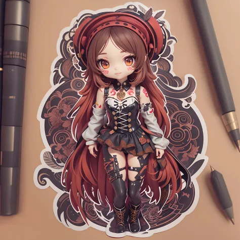 ((Sticker,))(3D anime gothic girl)，Tattooed with，She wears a stud PVC corset，red colour，There are feathers on the shoulders, wind coat，kneehigh boots，fish net leggings，joyful expressions，cute clothing，((in circle)), ((White background)), ((Gold border))，Si...