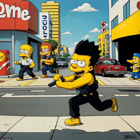 Bart Simpson in a cartoon style with cops chasing him trying to arrest him he is holding a bag of money he stole in his hands and a shotgun gun in the other in the background there are cops in cars and on foot chasing him